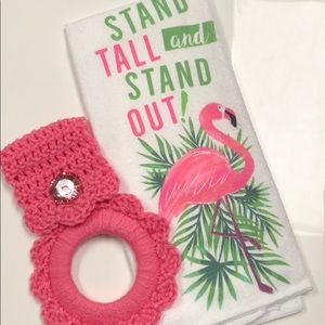 Flamingo microfiber towel with handmade oven towel hanger